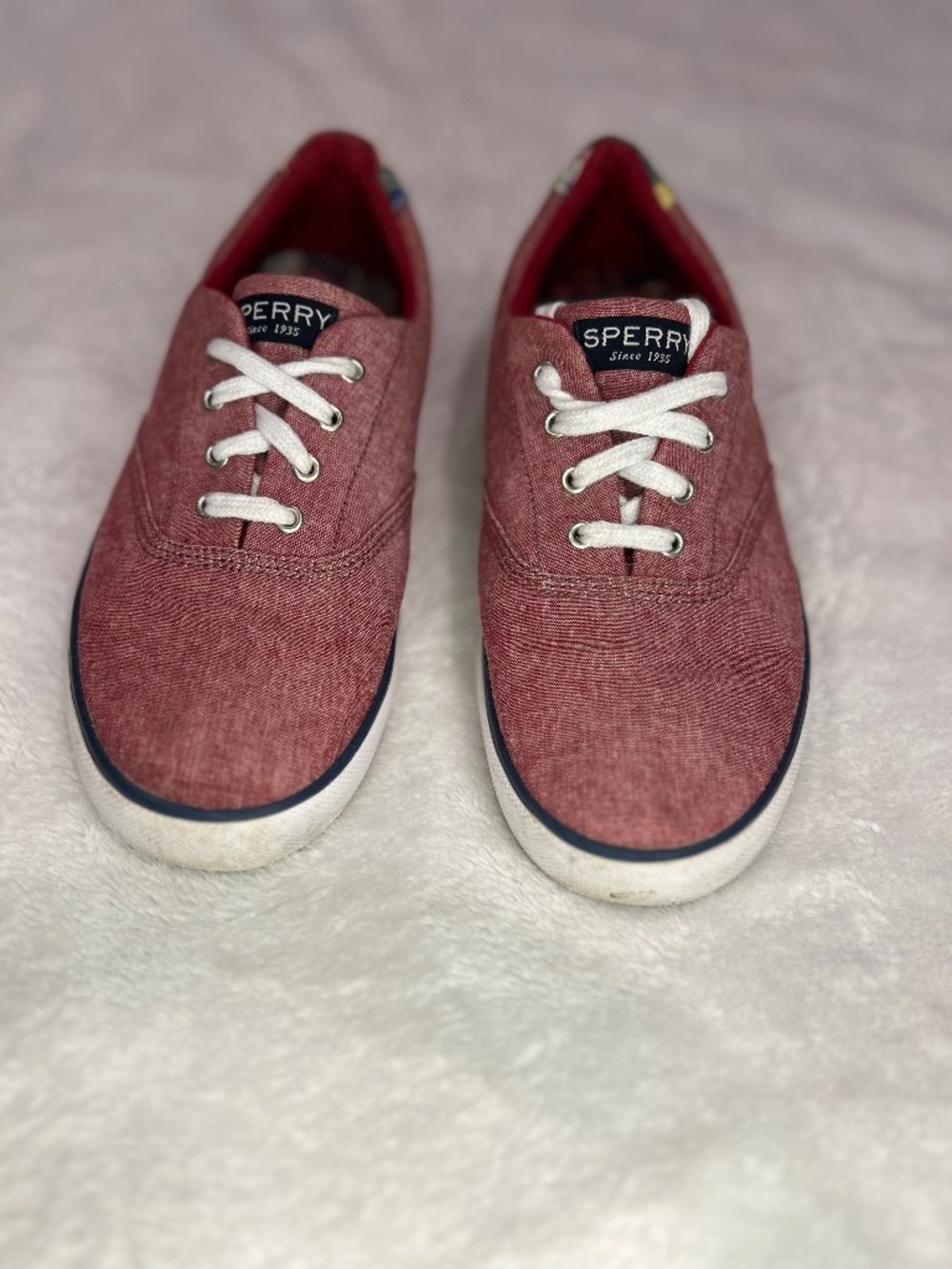 Sperry Striper II Canvas shoes Red with plaid accents white laces